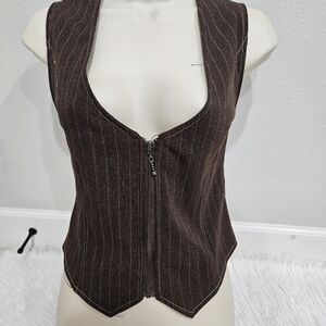 Elegant Brown Pinstripe Women's Vest Blouse